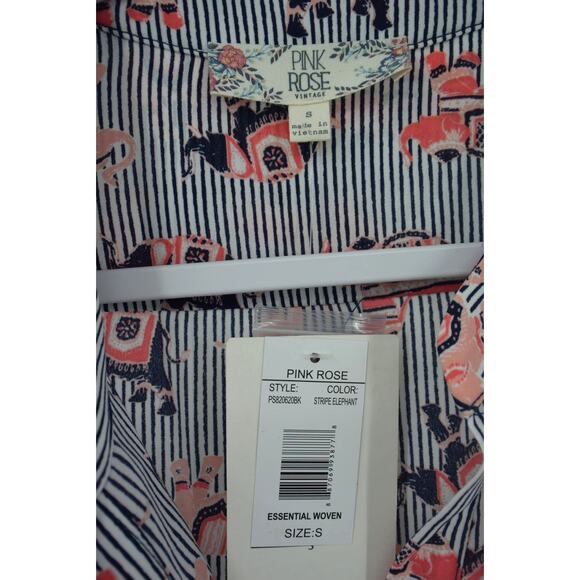 Pink Rose Striped Elephant Print 3/4 Sleeve Split Neck Blouse Womens S - Picture 3 of 6